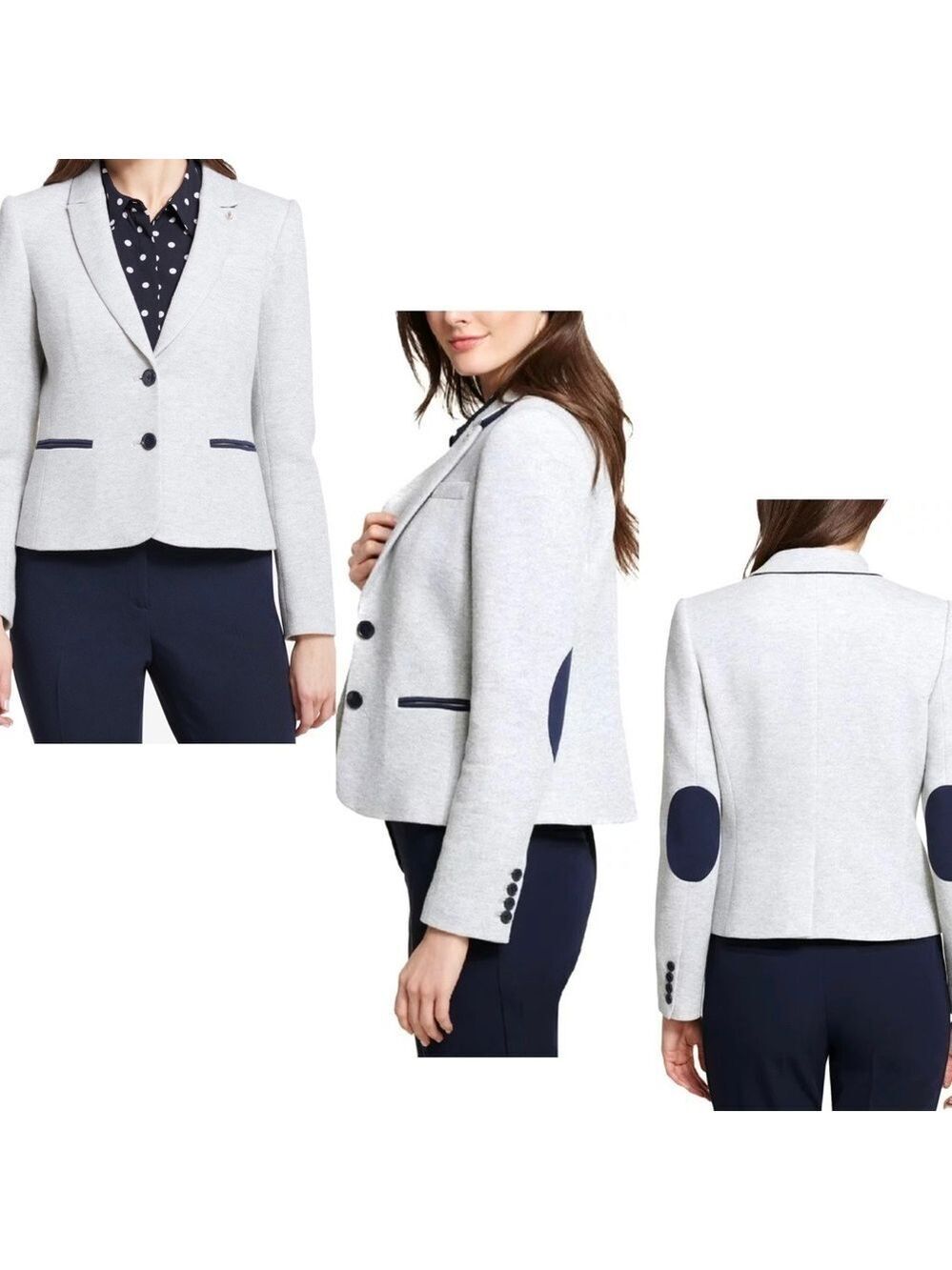 Tommy Hilfiger gray navy blue equestrian elbow patch riding blazer tailored 12